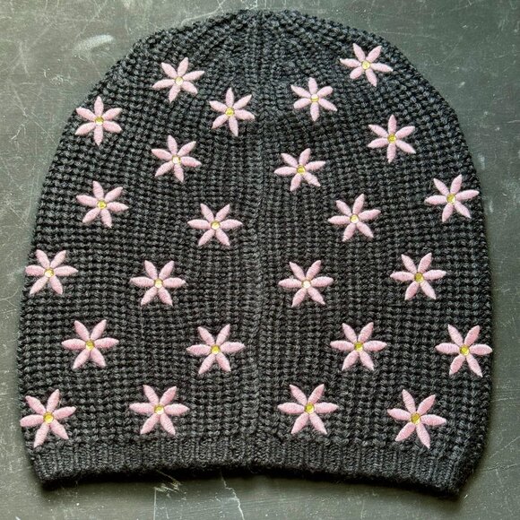 Carolyn Rowan Flowers Embroidered  with Crystals Ribbed  Wool Beanie - Picture 2 of 6